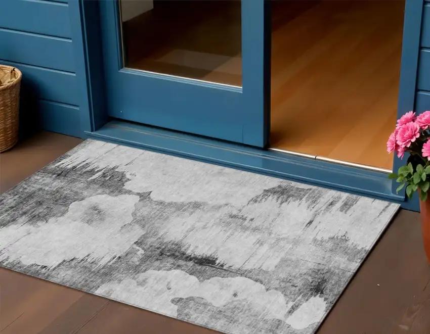 Gray Silver And Charcoal Abstract Washable Indoor Outdoor Area Rug Photo 1