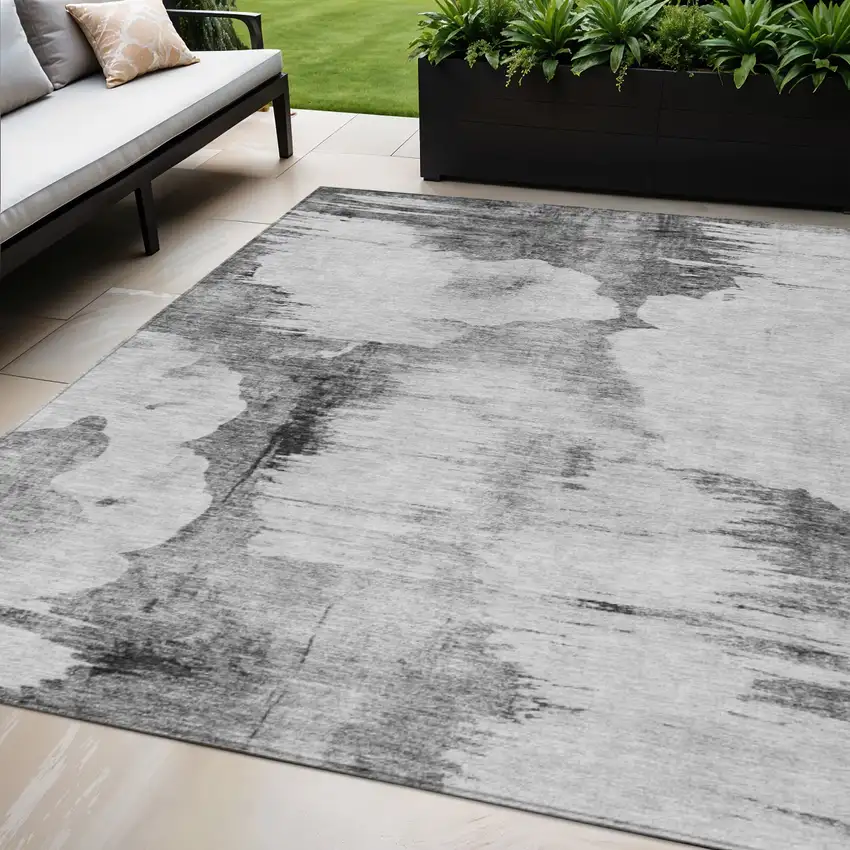 Gray Silver And Charcoal Abstract Washable Indoor Outdoor Area Rug Photo 1