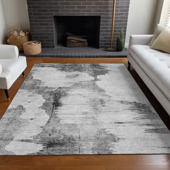 Gray Silver And Charcoal Abstract Washable Indoor Outdoor Area Rug Photo 7