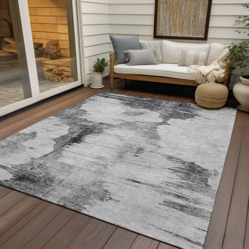 Gray Silver And Charcoal Abstract Washable Indoor Outdoor Area Rug Photo 6
