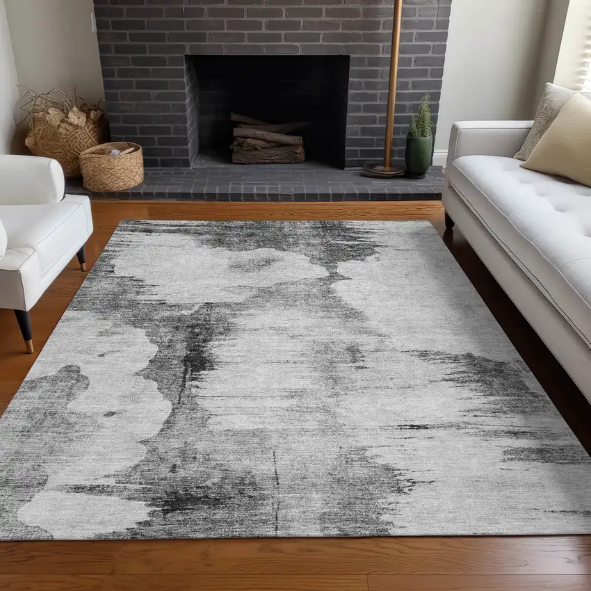 Gray Silver And Charcoal Abstract Washable Indoor Outdoor Area Rug Photo 7