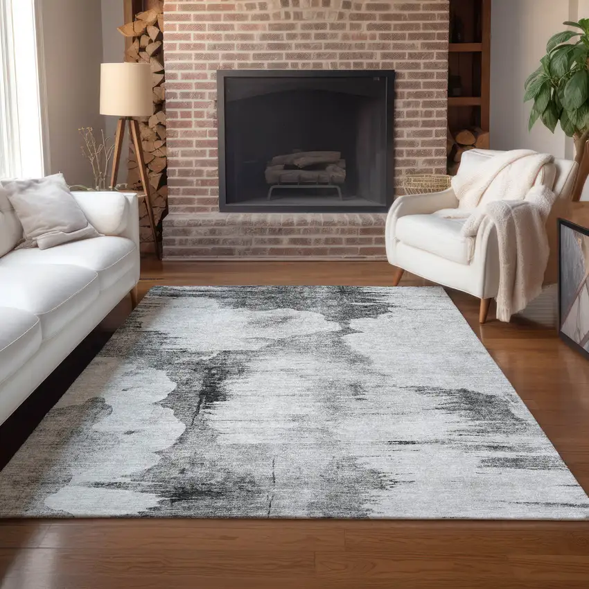 Gray Silver And Charcoal Abstract Washable Indoor Outdoor Area Rug Photo 8