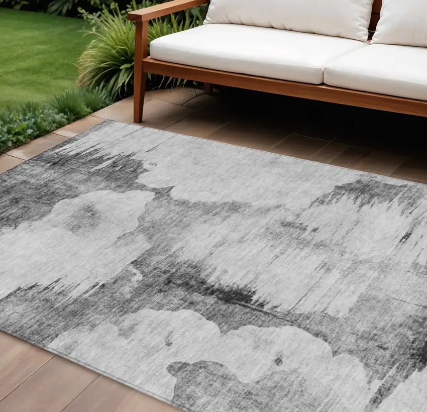 Gray Silver And Charcoal Abstract Washable Indoor Outdoor Area Rug Photo 1