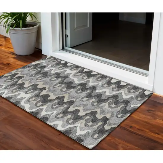 Gray Silver And Charcoal Abstract Washable Indoor Outdoor Area Rug Photo 1