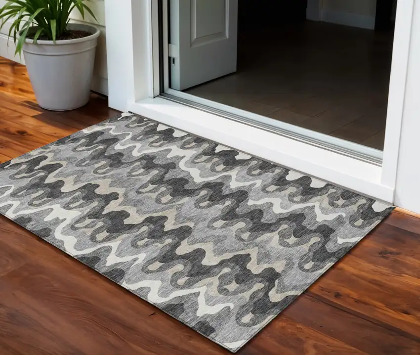 Gray Silver And Charcoal Abstract Washable Indoor Outdoor Area Rug Photo 1