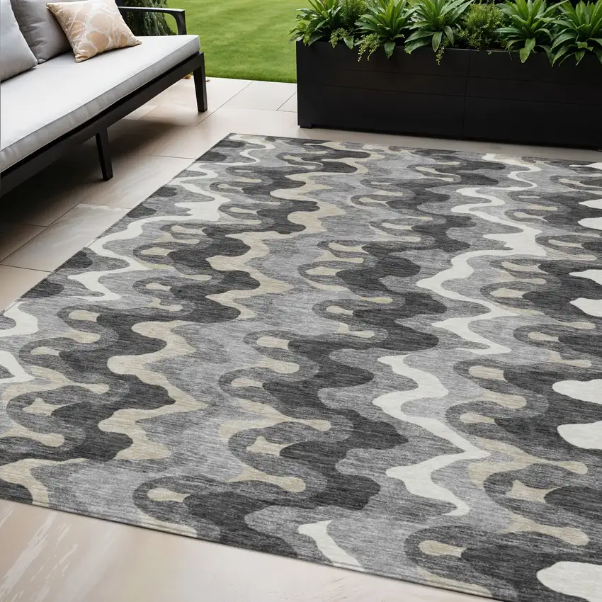 Gray Silver And Charcoal Abstract Washable Indoor Outdoor Area Rug Photo 1