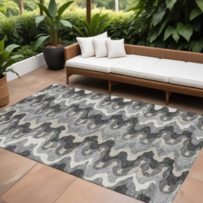 Gray Silver And Charcoal Abstract Washable Indoor Outdoor Area Rug Photo 1
