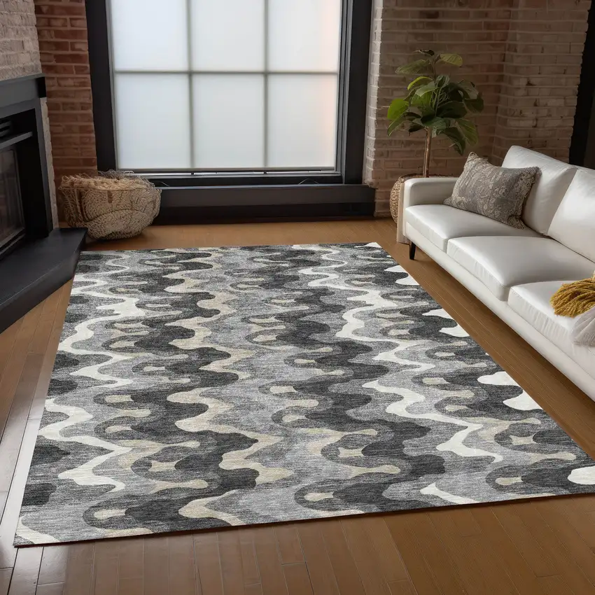 Gray Silver And Charcoal Abstract Washable Indoor Outdoor Area Rug Photo 7