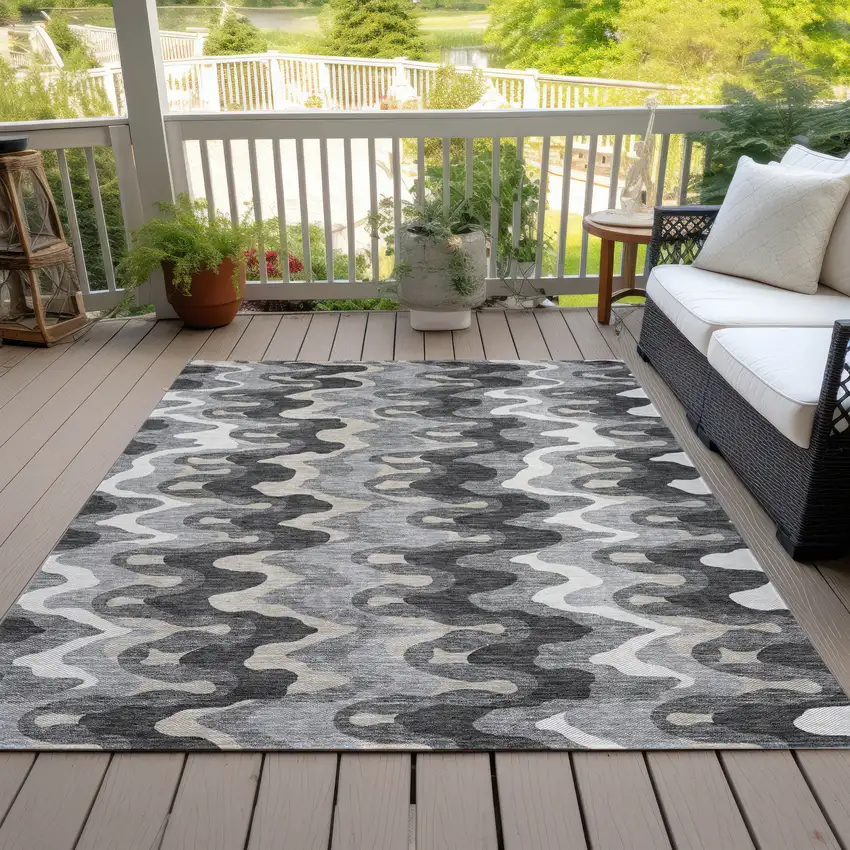 Gray Silver And Charcoal Abstract Washable Indoor Outdoor Area Rug Photo 5