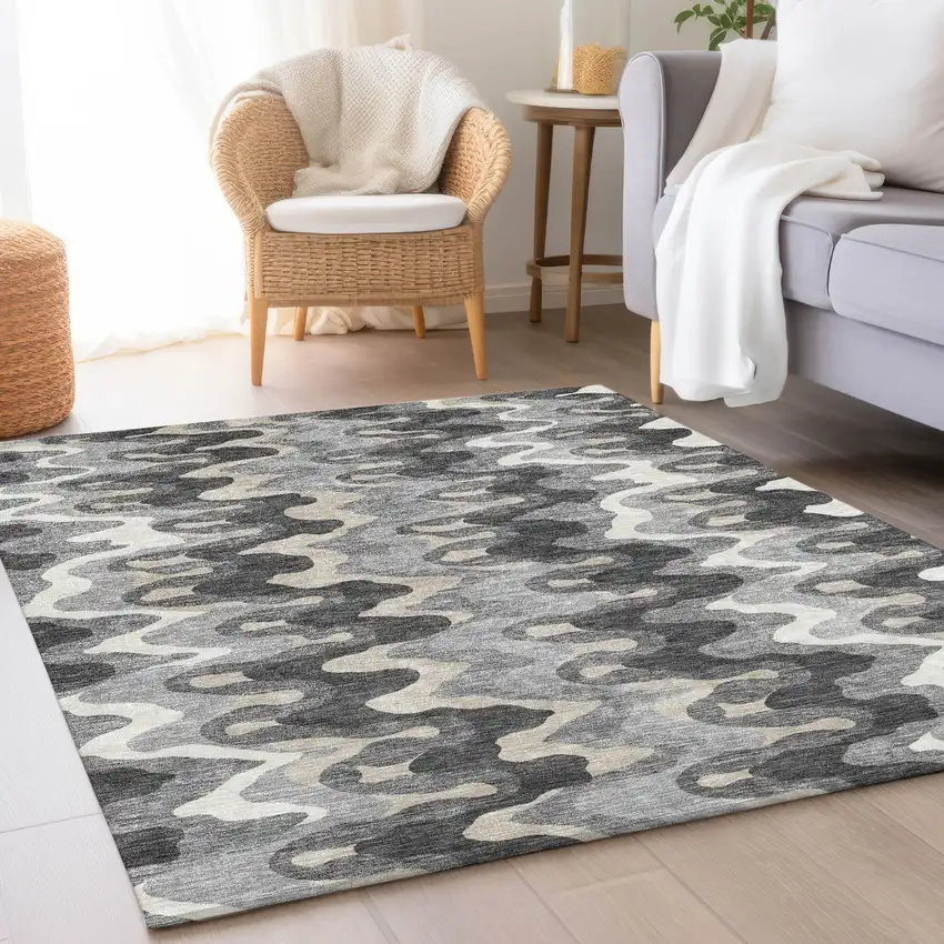 Gray Silver And Charcoal Abstract Washable Indoor Outdoor Area Rug Photo 6