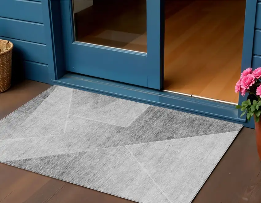 Gray Silver And Charcoal Abstract Washable Indoor Outdoor Area Rug Photo 1