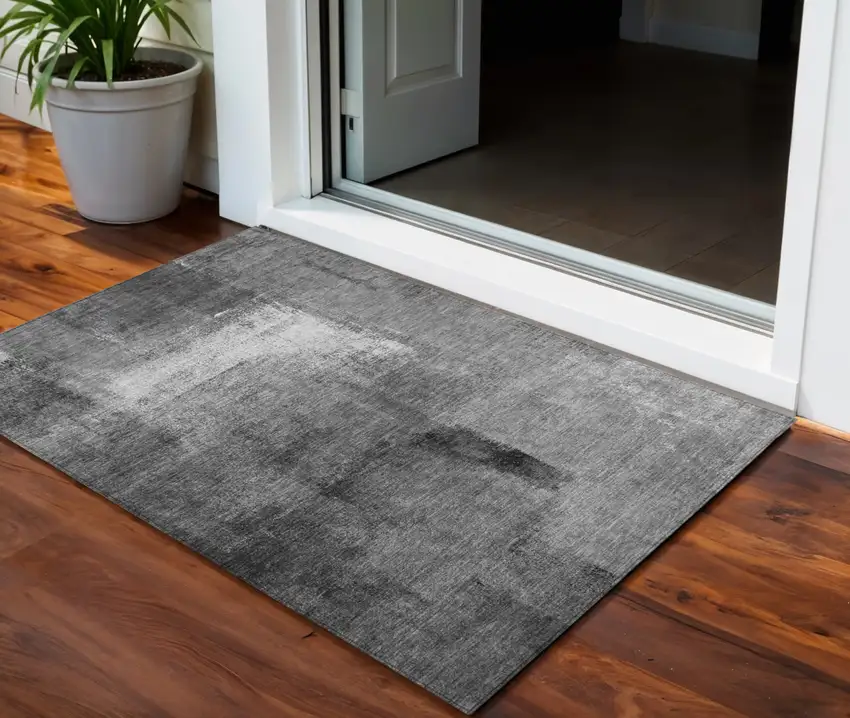 Gray Silver And Charcoal Abstract Washable Indoor Outdoor Area Rug Photo 1