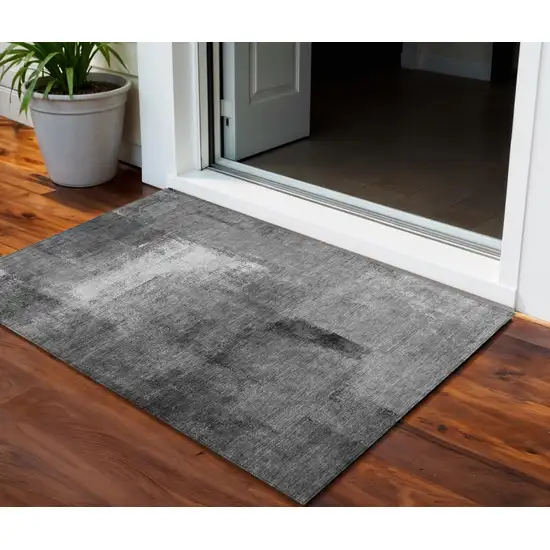 Gray Silver And Charcoal Abstract Washable Indoor Outdoor Area Rug Photo 1