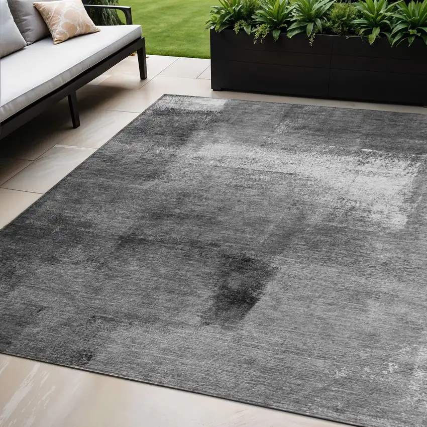 Gray Silver And Charcoal Abstract Washable Indoor Outdoor Area Rug Photo 1