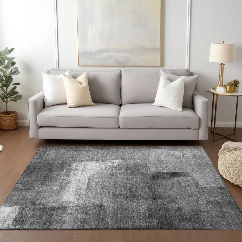 Gray Silver And Charcoal Abstract Washable Indoor Outdoor Area Rug Photo 9