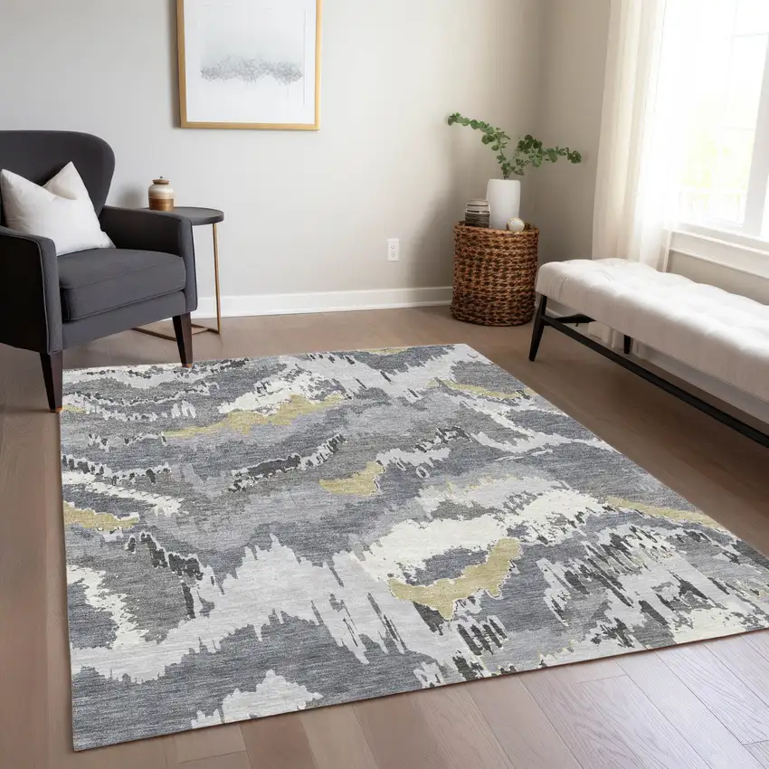 Gray Silver And Charcoal Abstract Washable Indoor Outdoor Area Rug Photo 9