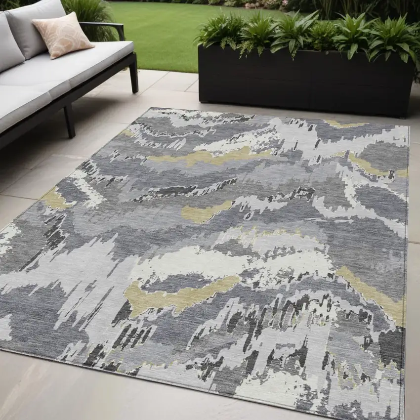Gray Silver And Charcoal Abstract Washable Indoor Outdoor Area Rug Photo 1
