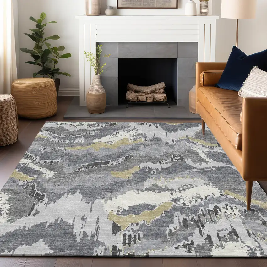 Gray Silver And Charcoal Abstract Washable Indoor Outdoor Area Rug Photo 9