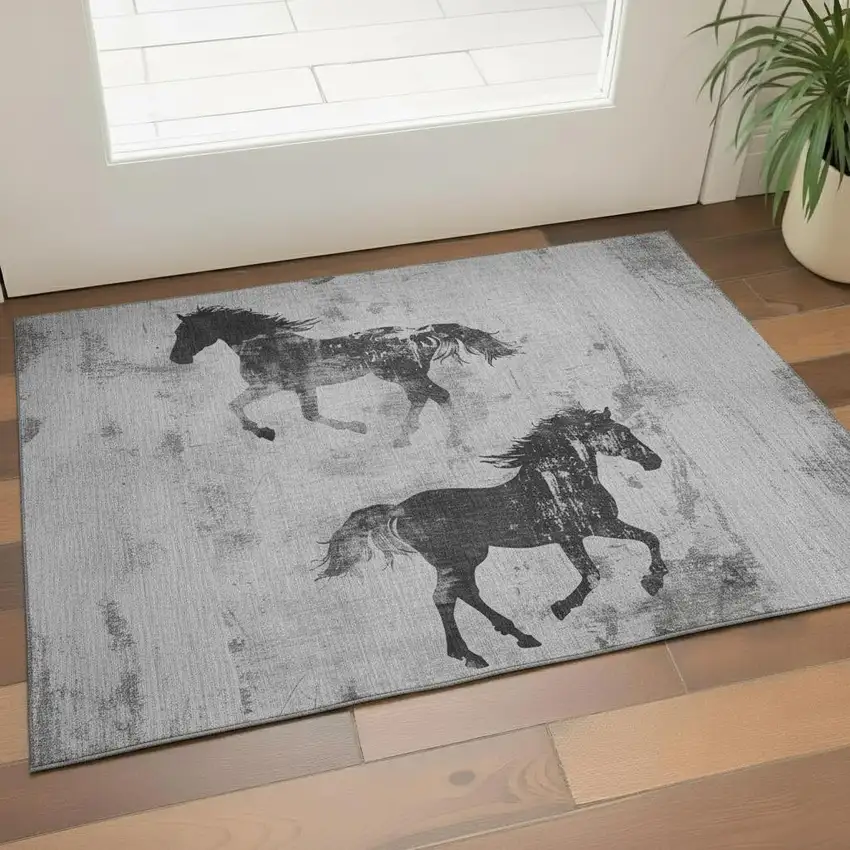 Gray Silver And Charcoal Animal Print Washable Area Rug With UV Protection Photo 2