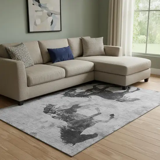 Gray Silver And Charcoal Animal Print Washable Area Rug With UV Protection Photo 2