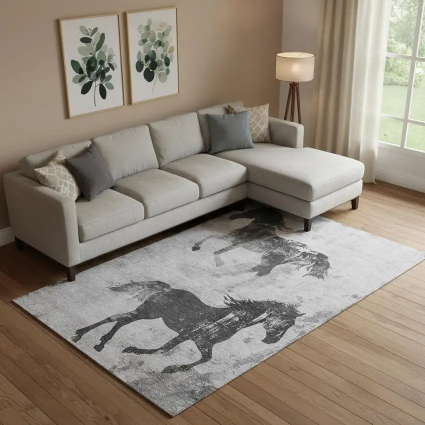 Gray Silver And Charcoal Animal Print Washable Area Rug With UV Protection Photo 2