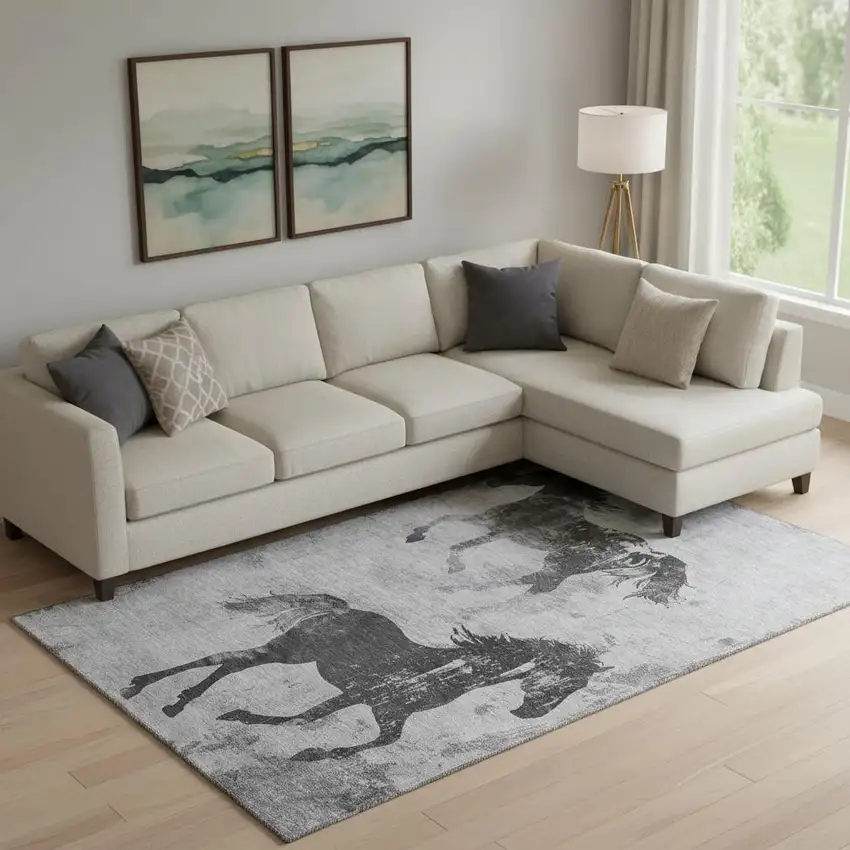 Gray Silver And Charcoal Animal Print Washable Area Rug With UV Protection Photo 2