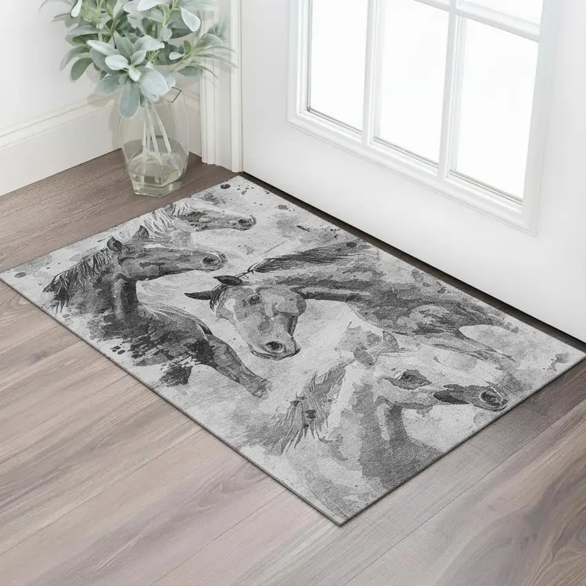 Gray Silver And Charcoal Animal Print Washable Area Rug With UV Protection Photo 2