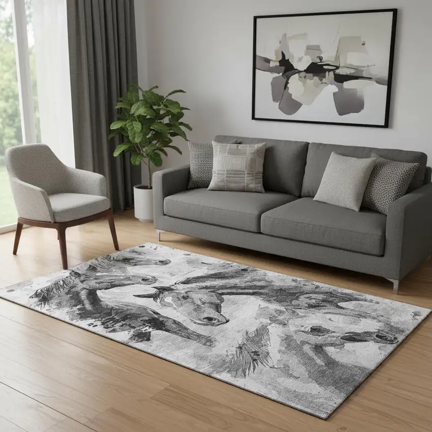 Gray Silver And Charcoal Animal Print Washable Area Rug With UV Protection Photo 2