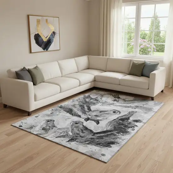Gray Silver And Charcoal Animal Print Washable Area Rug With UV Protection Photo 2