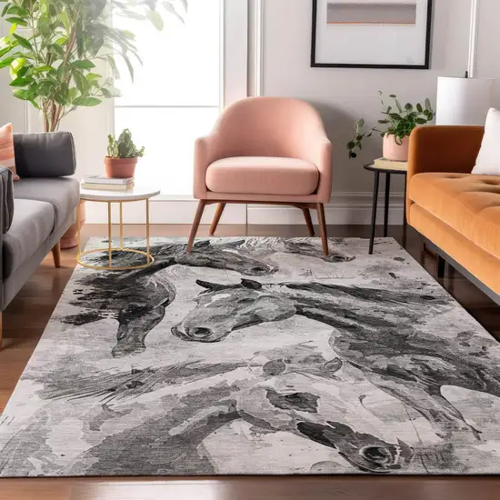 Gray Silver And Charcoal Animal Print Washable Area Rug With UV Protection Photo 5