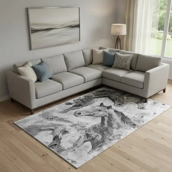 Gray Silver And Charcoal Animal Print Washable Area Rug With UV Protection Photo 2