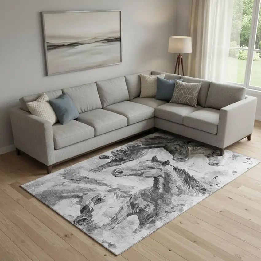 Gray Silver And Charcoal Animal Print Washable Area Rug With UV Protection Photo 2