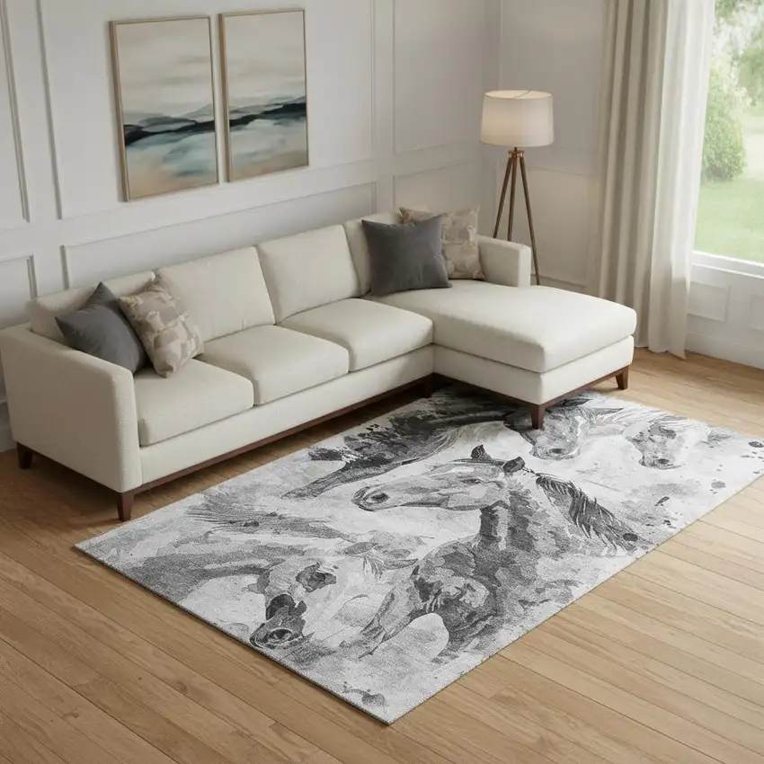 Gray Silver And Charcoal Animal Print Washable Area Rug With UV Protection Photo 2