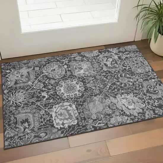Gray Silver And Charcoal Damask Washable Area Rug With UV Protection Photo 2