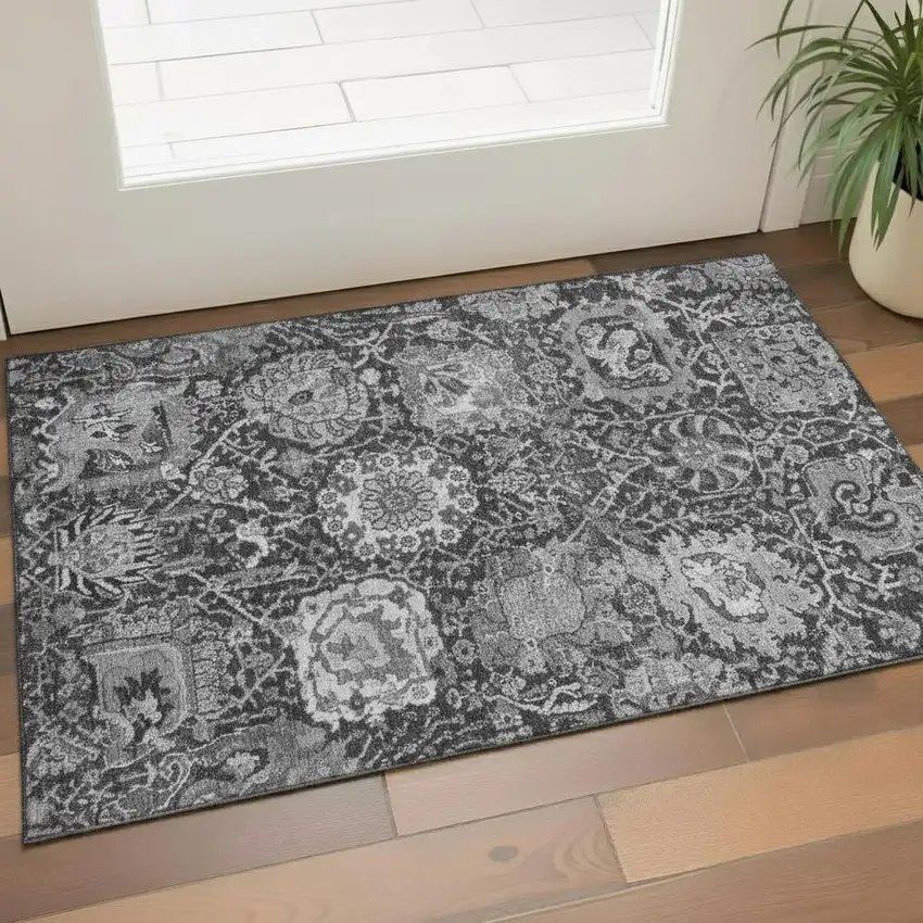 Gray Silver And Charcoal Damask Washable Area Rug With UV Protection Photo 2