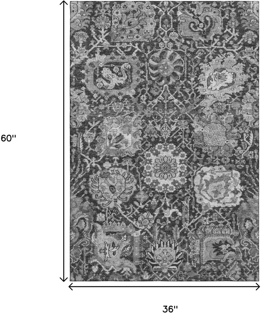 Gray Silver And Charcoal Damask Washable Area Rug With UV Protection Photo 3