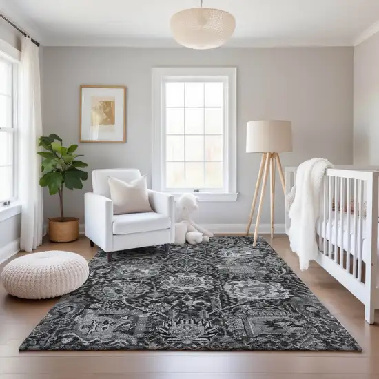 Gray Silver And Charcoal Damask Washable Area Rug With UV Protection Photo 5