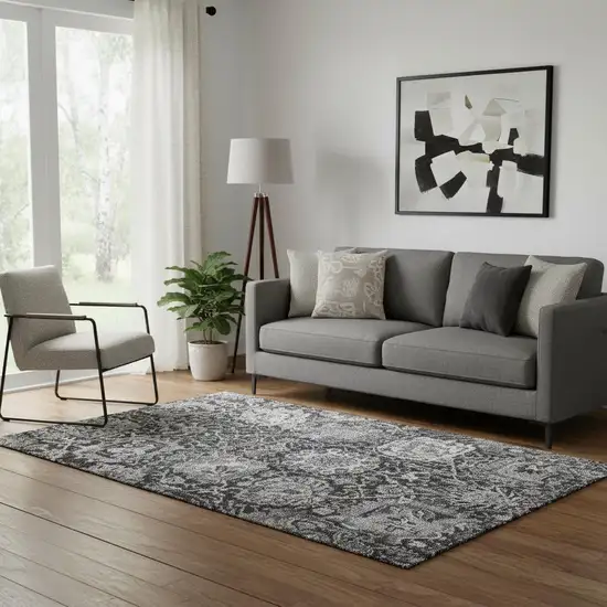 Gray Silver And Charcoal Damask Washable Area Rug With UV Protection Photo 2