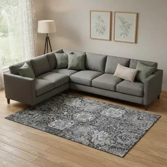 Gray Silver And Charcoal Damask Washable Area Rug With UV Protection Photo 2