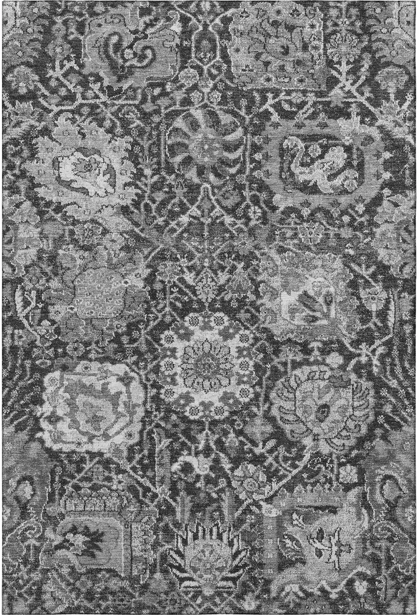 Gray Silver And Charcoal Damask Washable Area Rug With UV Protection Photo 3