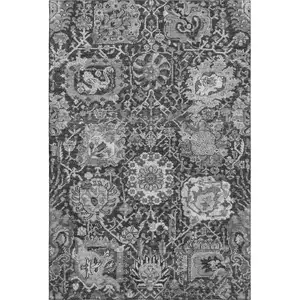 Photo of Gray Silver And Charcoal Damask Washable Area Rug With UV Protection
