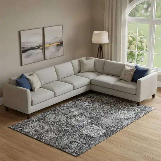 Gray Silver And Charcoal Damask Washable Area Rug With UV Protection Photo 2