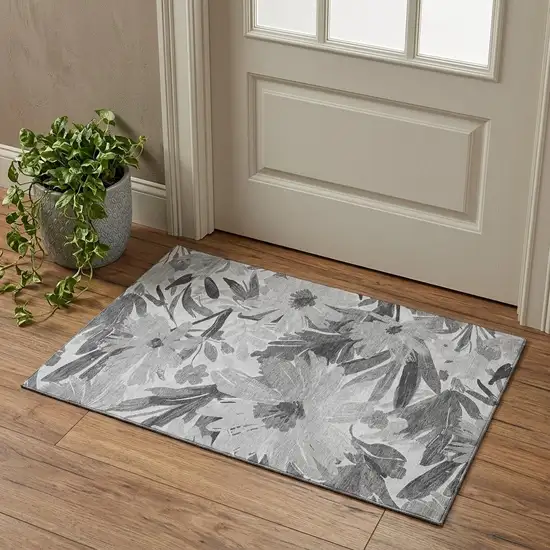 Gray Silver And Charcoal Floral Washable Area Rug With UV Protection Photo 1