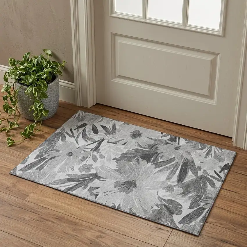 Gray Silver And Charcoal Floral Washable Area Rug With UV Protection Photo 1