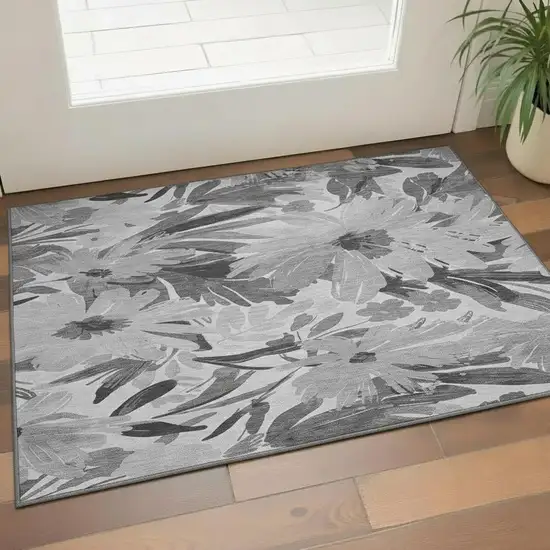 Gray Silver And Charcoal Floral Washable Area Rug With UV Protection Photo 2