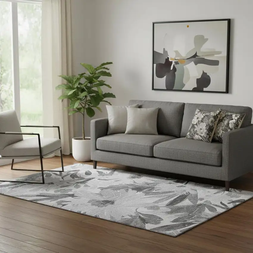 Gray Silver And Charcoal Floral Washable Area Rug With UV Protection Photo 2