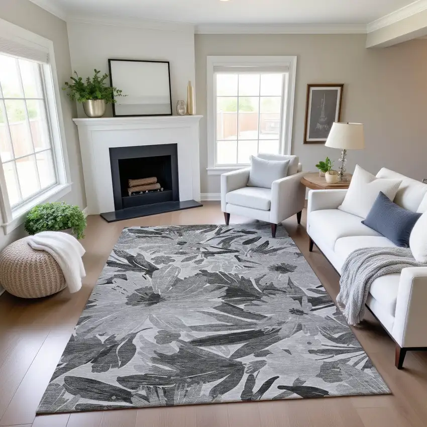 Gray Silver And Charcoal Floral Washable Area Rug With UV Protection Photo 4