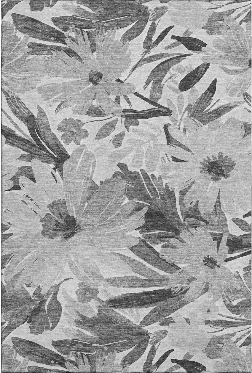 Gray Silver And Charcoal Floral Washable Area Rug With UV Protection Photo 1