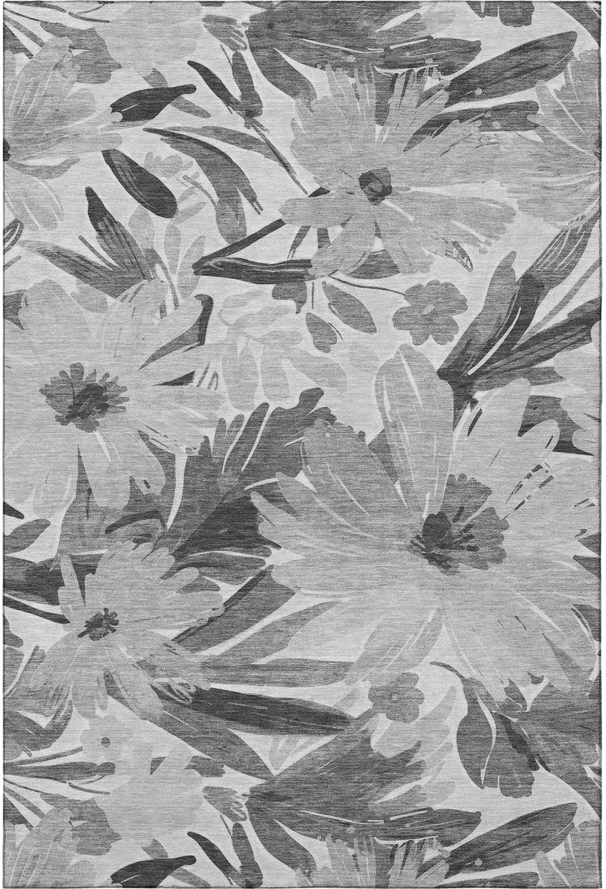 Gray Silver And Charcoal Floral Washable Area Rug With UV Protection Photo 3