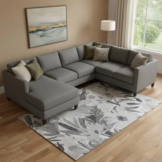 Gray Silver And Charcoal Floral Washable Area Rug With UV Protection Photo 2